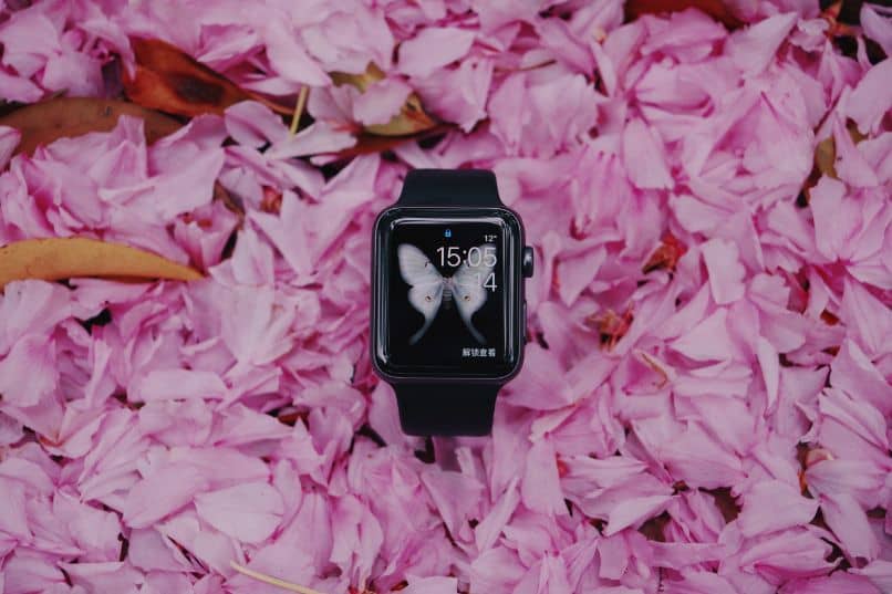 smartwatch com borboleta em flores rosa