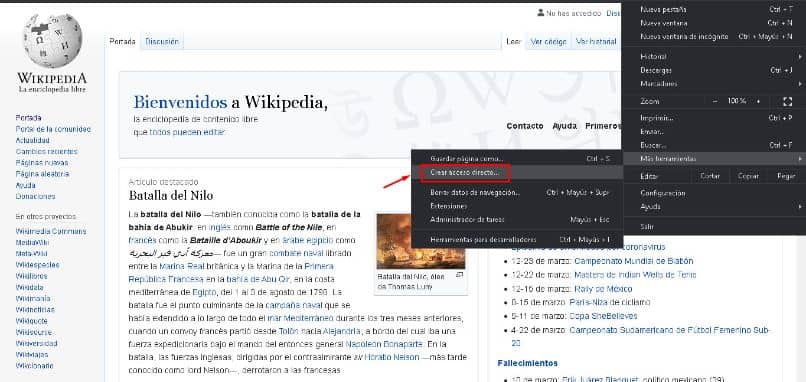 opções da página inicial da Wikipédia