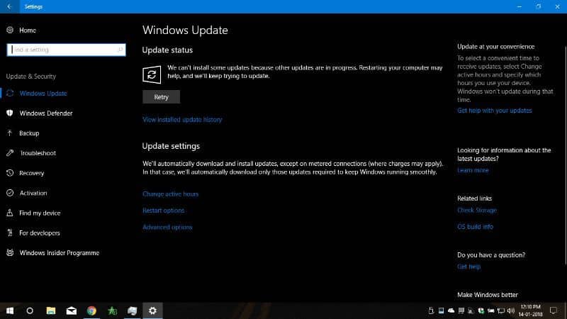 tela preta de configurações no windows update