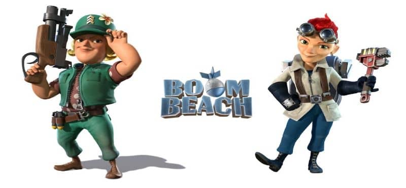 dois personagens de boom de praia e logotipo do jogo no centro