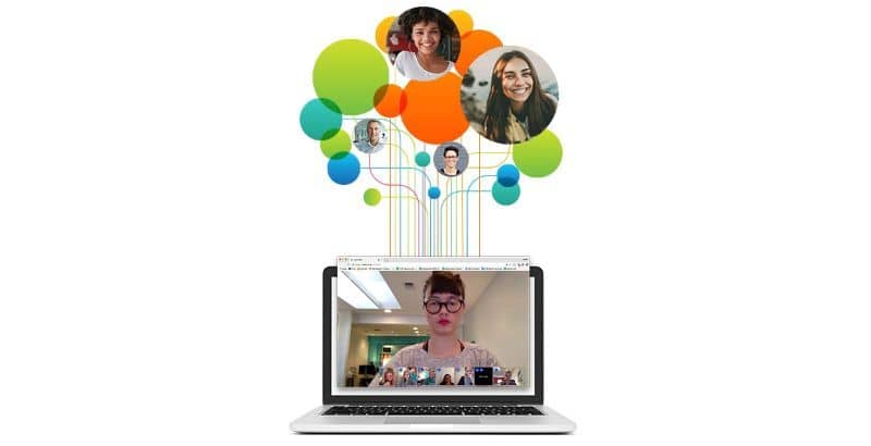 pessoa na tela do laptop conectando-se com diferentes pessoas e círculos coloridos