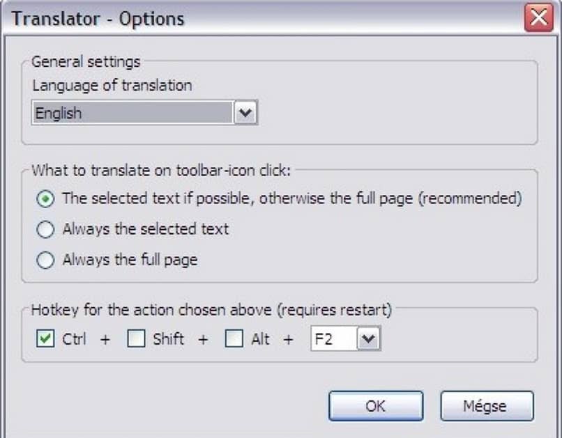 A janela de opções do tradutor