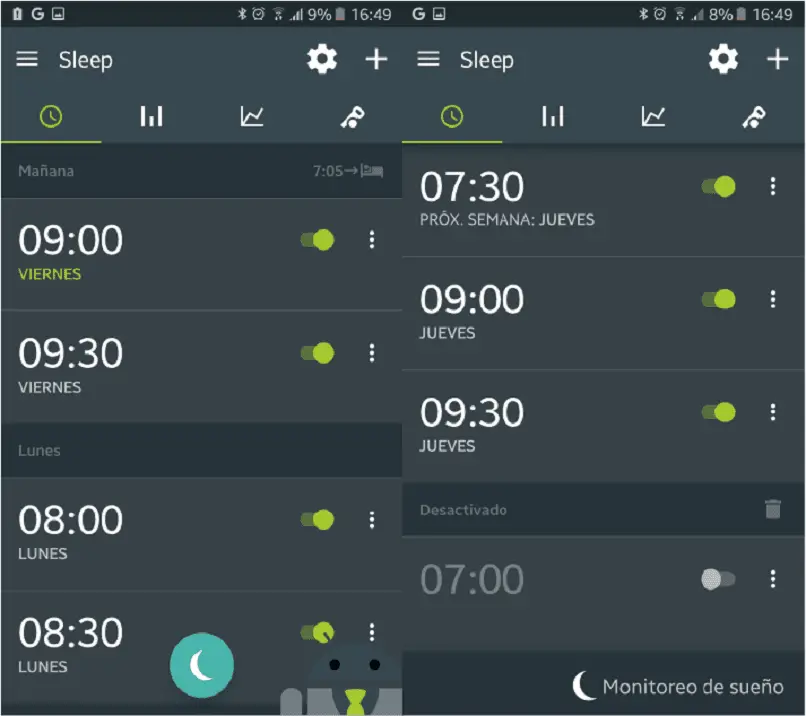 vemos a parte interna do aplicativo de sono, onde os alarmes e o monitoramento do sono são mostrados