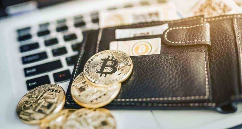 Bitcoin na carteira em cima do laptop