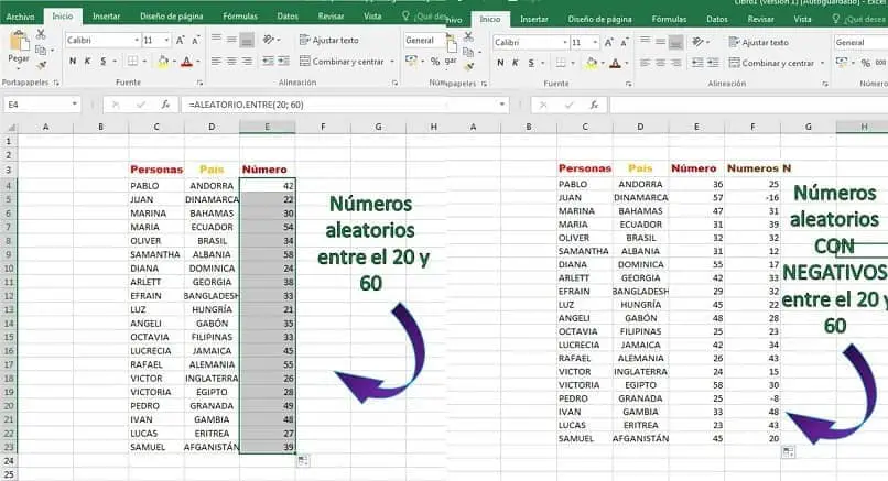 exemplo de números positivos e negativos em uma planilha do Excel 