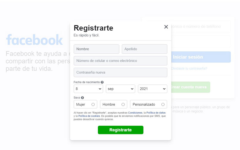 registrar nova conta do facebook
