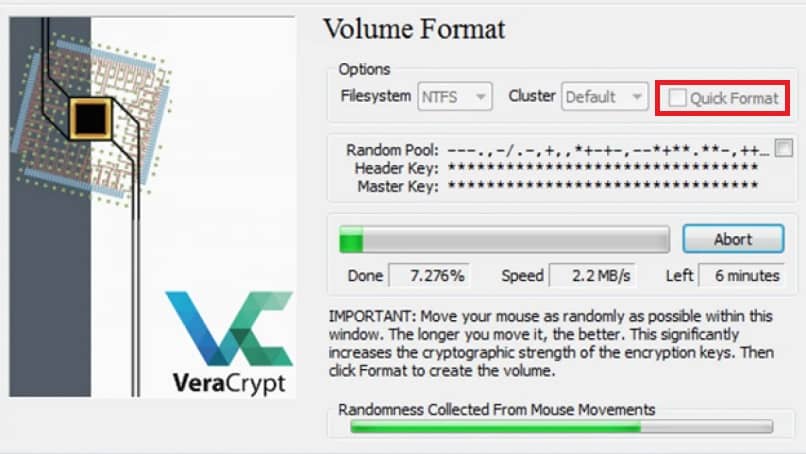 veracrypt permite formatação rápida